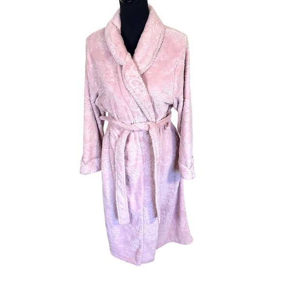 Pink Floral Embossed Plush Bathrobe Belted Shawl Collar Womens L Stan Herman - Picture 1 of 8